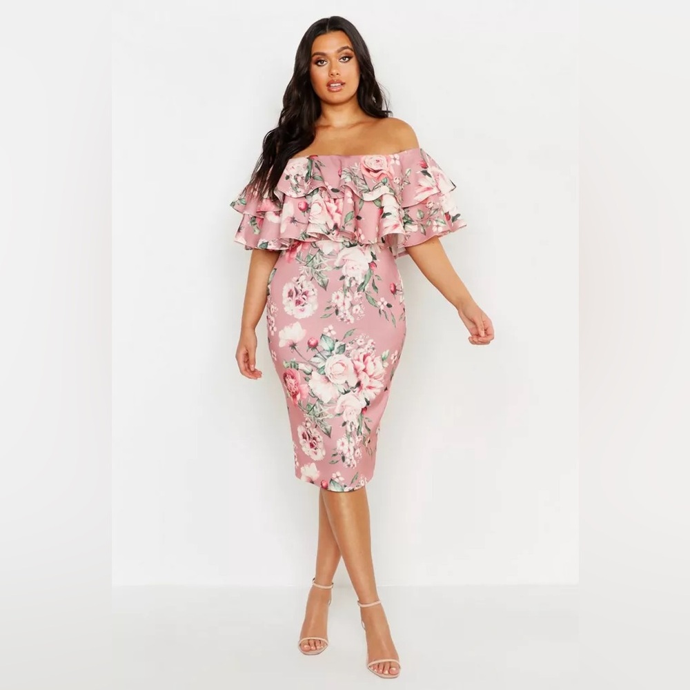 Boohoo Plus Pink Floral Ruffle Midi Dress